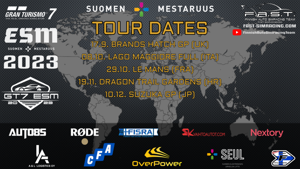 GT7 Finnish Championship 2023 info picture with tour dates and co-operators. The qualifying races are as follows: Sep 17th Brands Hatch GP (UK), Oct 8th Lago Maggiore full (ITA), Oct 29th Le Mans (FRA), Nov 19th Dragon Trail Gardens (HR), and Dec 10th Suzuka (JP).